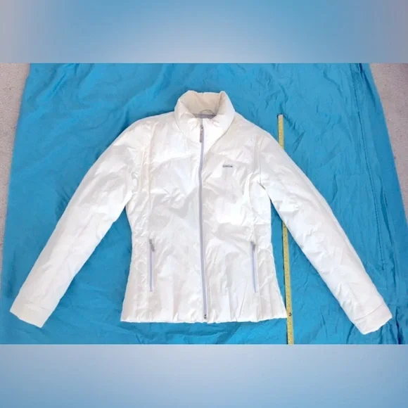 EUC Y2K Bebe crisp white fitted down puffer jacket with silver lining. - Picture 1 of 15